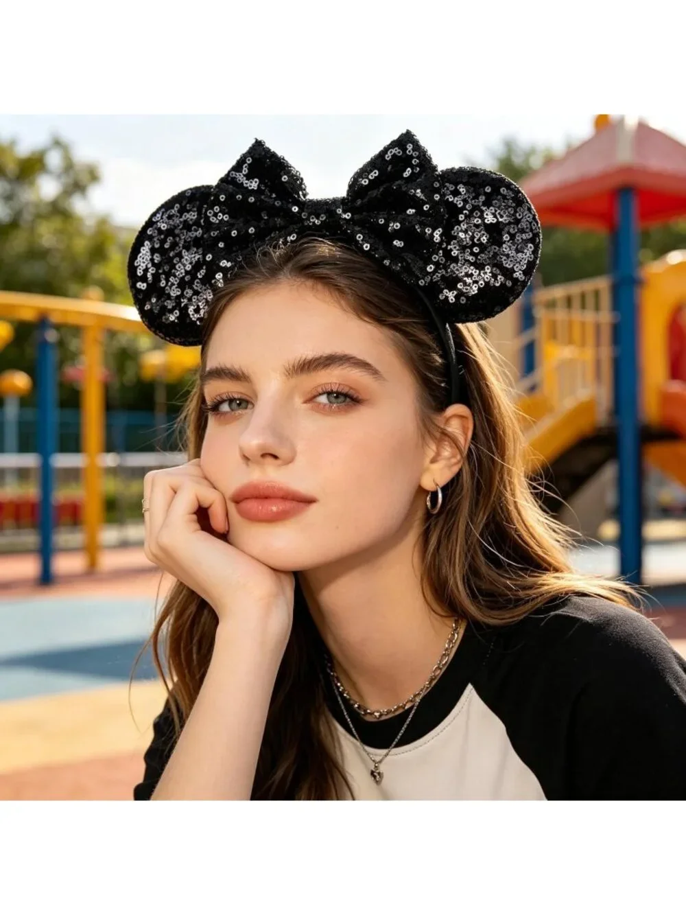 Women Black-a Polyester Sparkle Sequins Mickey Mouse Hair Bow Handmade Headband